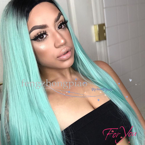 Long Straight Wig Ombre Mint Green Hair for Woman Dark Roots Wigs Natural Looking Synthetic Fiber Wig