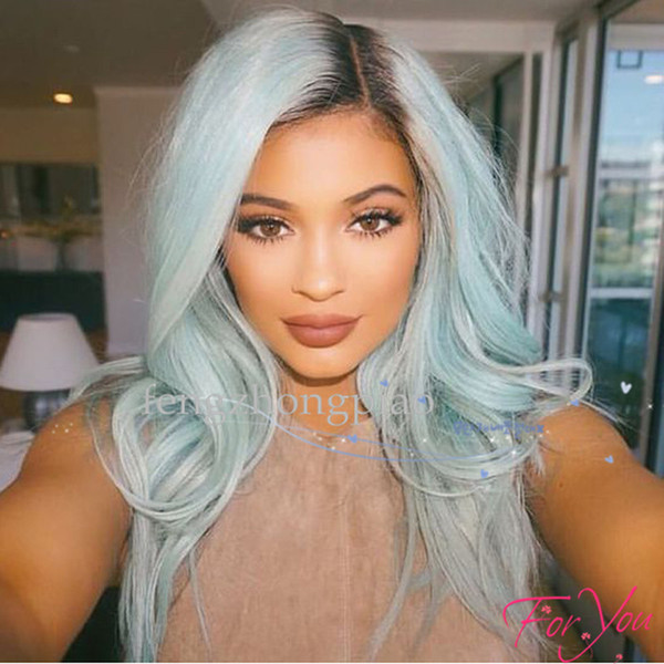 FZP Sexy Popular Long Blue Wave Long Dark Roots Black 1b#ombre Mint Synthetic Fiber Lace Front Wig Hair