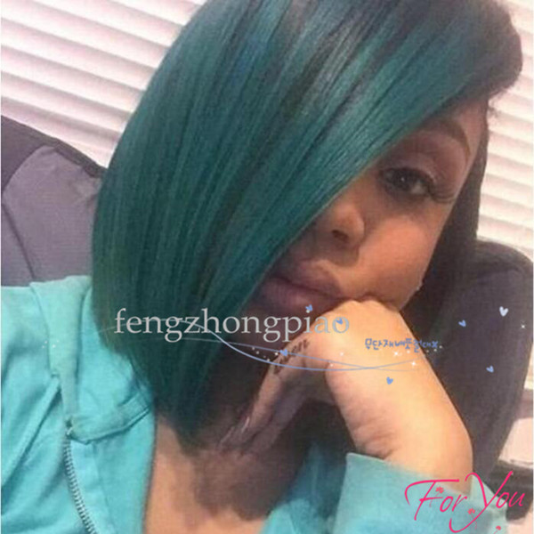 Short Bob Synthetic Hair Glueless Lace Front Wig For Black Woman 12inch 150%density side part 2-3inch1b#/green