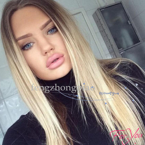 Ombre Blond 2 Tones Synthetic Lace Front Wig Dark Roots Long Natural Straight Blond Synthetic Hair Wigs For Women Heat Resistant Fiber