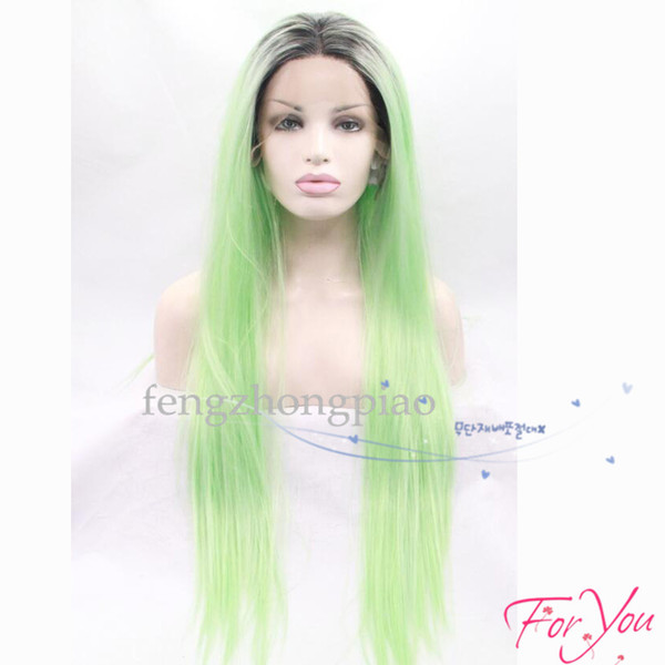 Cosplay Wigs Ombre Mint Green Long Straight Synthetic Lace Front Wig Heat Resistant Glueless Two Tone Black Light Green Hair for Black Women