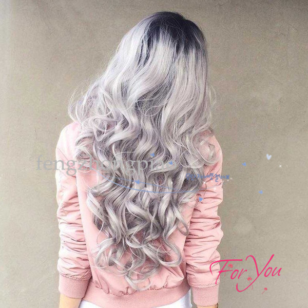 Silver ombre wig dark root 1B#/ Long Wave synthetic wigs body wave wigs Brazilian Hair synthetic Fu'll wig heat resistant