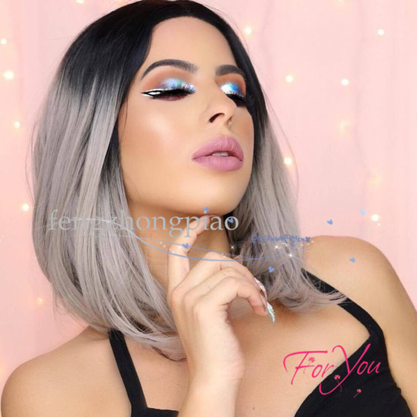 Ombre Color Grey Short Bob Style Wig Simulation Brazilian Human Hair Style Wig With Bang For Black Women