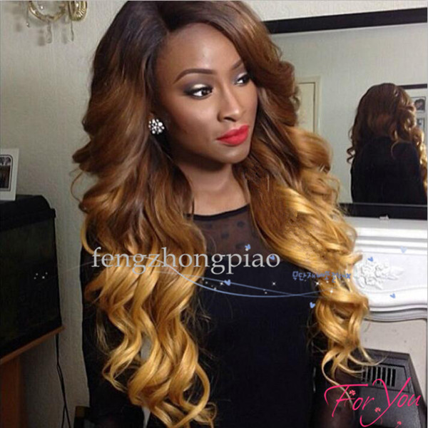 Fashion Long Dark Roots Brown body Wave Synthetic Lace Front Wig High Quality Ombre Heat Resistant Fiber Hair Women Wigs