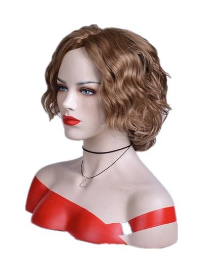 Xiu Zhi Mei High quality Short Wavy Wig Synthetic Hair Wigs for Women Dark Brown Natural Hair Side Part Hairline Full Ombre Hair