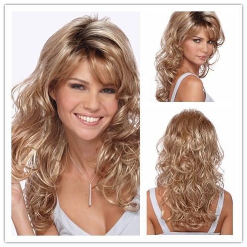 Xiu Zhi Mei Black blonde ombre color curly wig with side bang Heat resistant fiber synthetic wig capless fashion wig for women