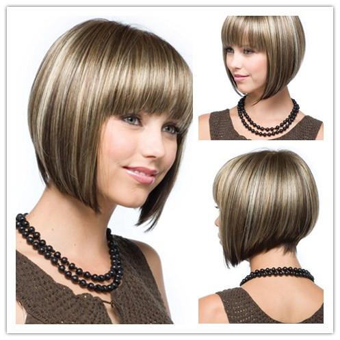 Xiu Zhi Mei Hot sell New Fashion Mix Color Medium Straight Bob Hairstyle Synthetic Hair Wigs For Women With Full Bangs