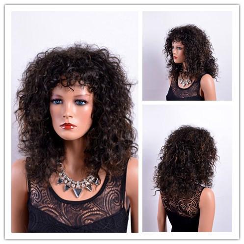 Xiu Zhi Mei Brown Curly Synthetic Wigs with Bangs Heat Resistant Afro Natural Hair Full Medium Ombre Wig for Women