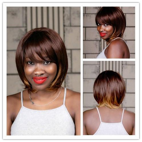 Xiu Zhi Mei 14inch Brown Golden Short Ombre Wig For Women Heat Resistant Synthetic Straight Bob Wigs For African American Women