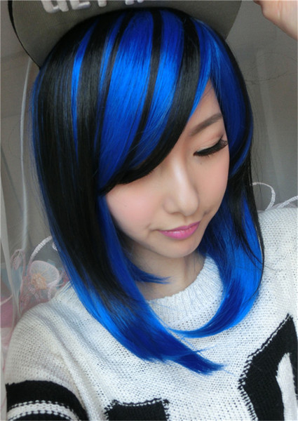 WoodFfestival short straight hair wigs black mix blue wig cosplay women lolita synthetic wigs anime heat resistant peruca ombre hair