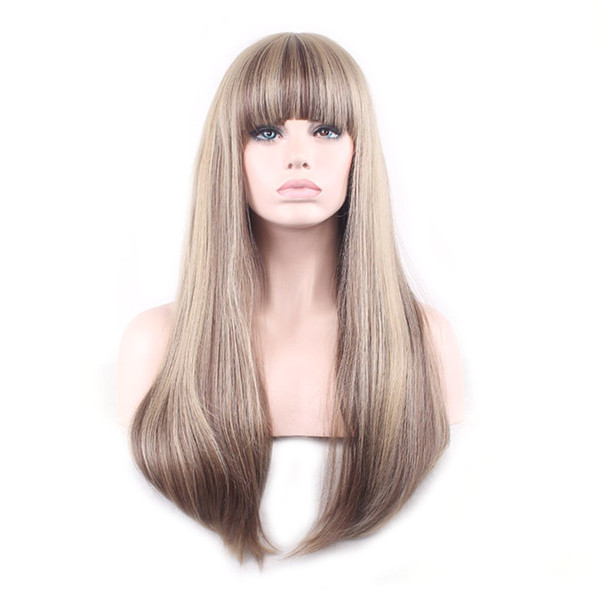 WoodFestival women full wigs mix color long straight wig ombre heat resistant fiber wig synthetic flax blonde