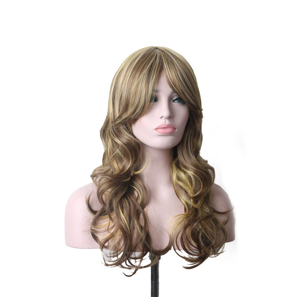 WoodFestival curly wigs for women blonde brown wig long hair heat resistant synthetic wigs with bangs wavy