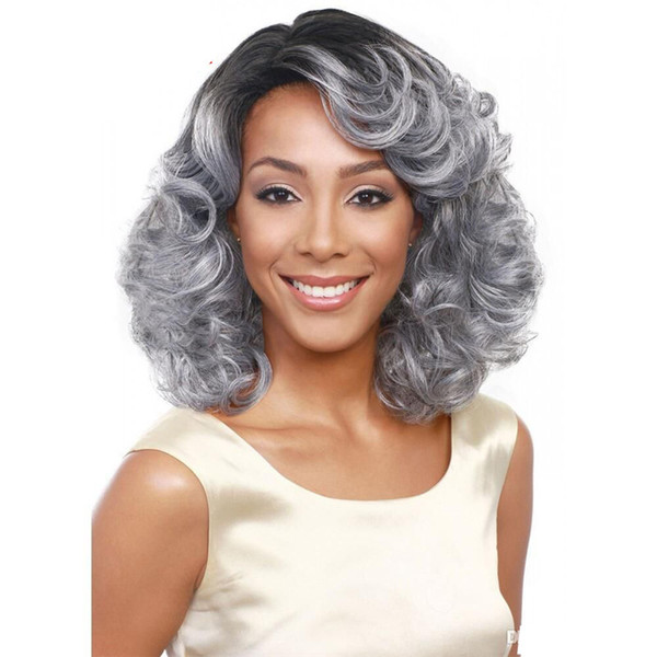 WoodFestival Grandmother grey wig ombre short wavy synthetic hair wigs curly african american women heat resistant fiber wigs black