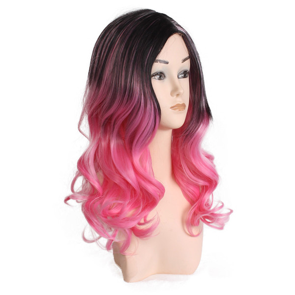 WoodFestival ombre pink blue curly medium length wig women fiber synthetic wig black heat resistant hair wigs 50cm