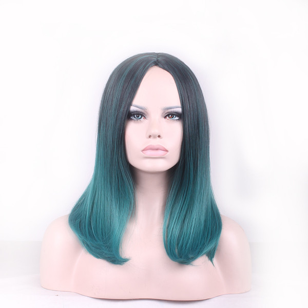 WoodFestival Ombre Dark Green Black Straight Short Bob Wig Women Fiber Synthetic Wig Turquoise Heat Resistant Hair Wigs 18 inches