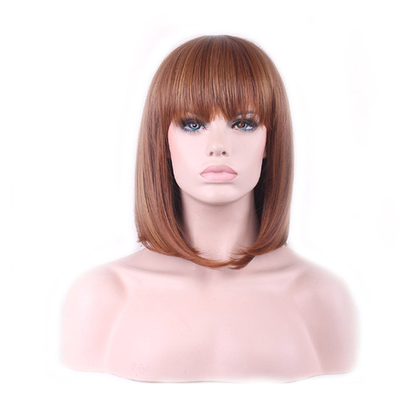 WoodFestival women synthetic hair wigs heat resistant synthetic fiber wig 35cm short brown wig medium length shoulder-length straight hair