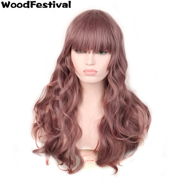 WoodFestival harajuku hair wigs with bangs purple ombre pastel taro wavy wig curly heat resistant synthetic fiber wigs lolita