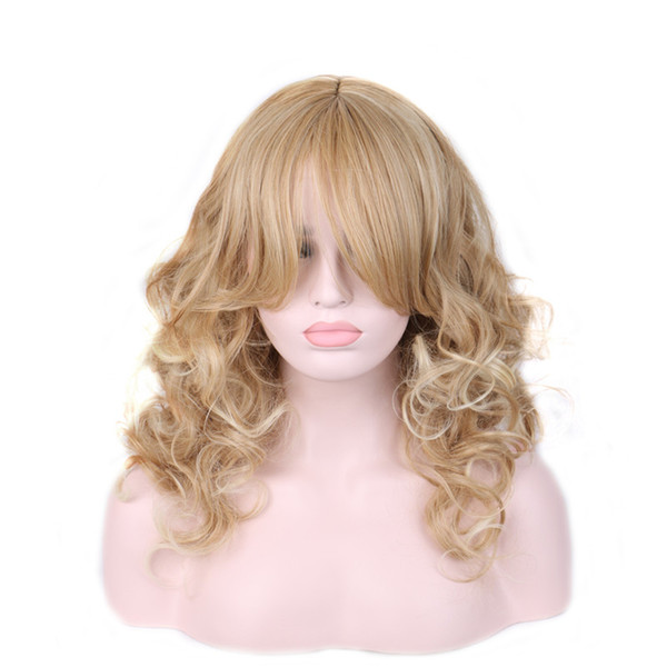 WoodFestival Sexy Long wavy Blonde wig Womens Fashion curly synthetic hair wigs with bangs ladies heat resistant fiber wig