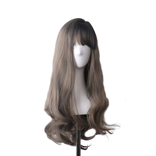 WoodFestival dark grey wigs for women long wavy hair wig synthetic curly heat resistant bangs lolital Average size