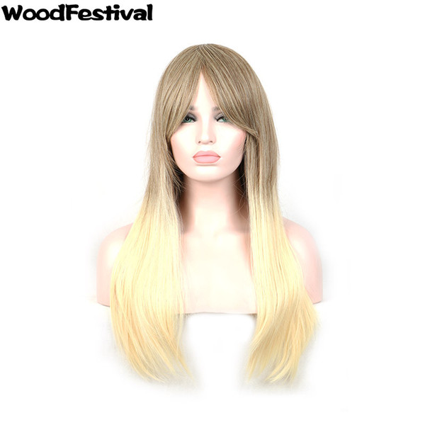 WoodFestival long straight flax blonde wig ombre heat resistant fiber wigs with bangs 70cm synthetic hair wigs cosplay