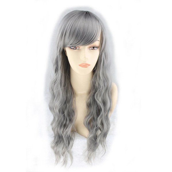 WoodFestival Grandmother grey wig long synthetic fiber wig women kinky curly wigs bangs natural cheap hair wigs wavy 70cm 28 inch