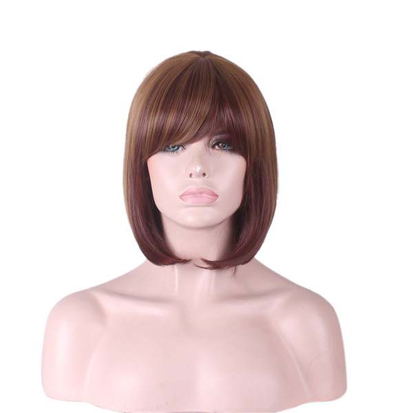 WoodFestival short straight wig with bangs ombre blonde brown hair wigs heat resistant fiber wig synthetic women 36 cm 2 colors