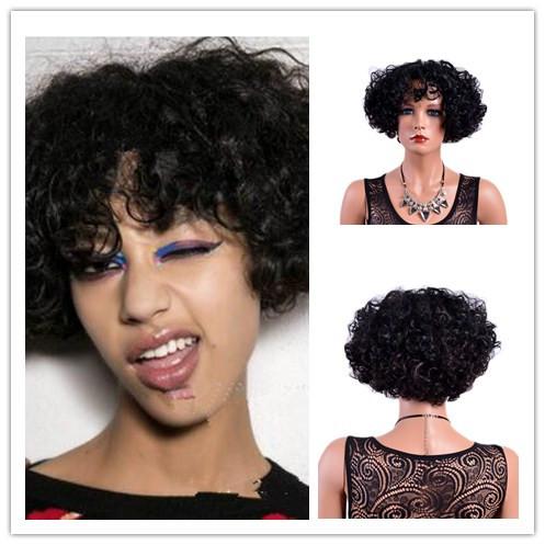 CHOCOLATE Brazilian Curly Human Hair Wig for Black Women 8 Inch Black Color Short Style Machine Made Wig