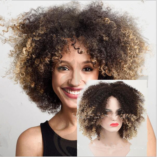 High quality Short Ombre Curly Wigs for Black Women American African Natural Synthetic Afro Wig with Bangs High Temperature Fiber