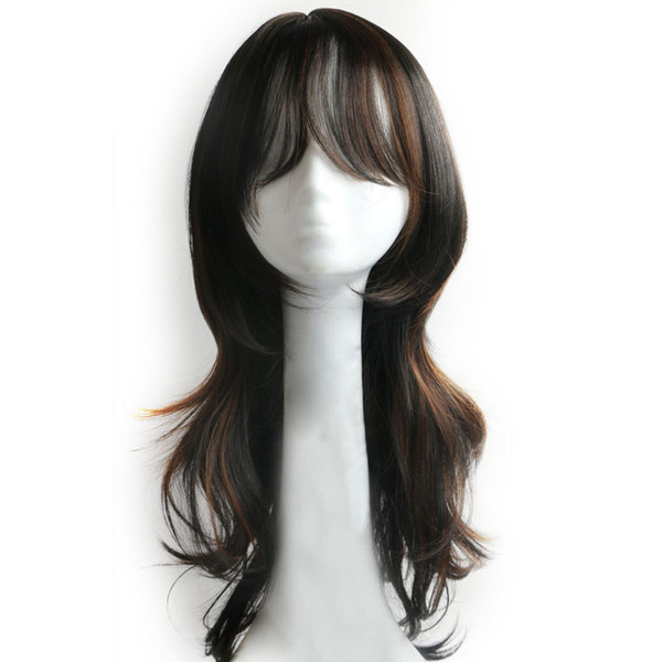 Top Fashion Long Wavy Mix Color Black and Brown Synthetic Hair Wigs for Women High Temperature Fiber Hair Wigs with Air Bangs