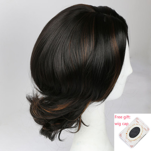 Short Straight Black Mix Brown Synthetic Hair Cosplay Wigs For Women African American Wigs Natural Style Wavy Wig with Wig Cap