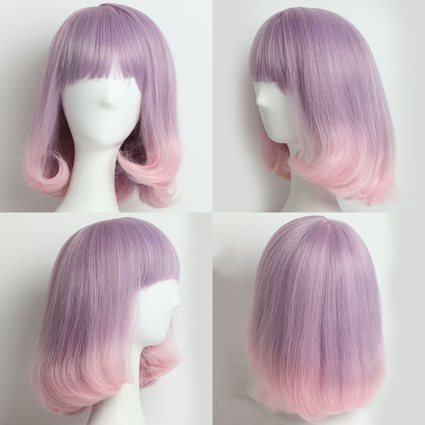 New Arrival Ombre Color Short Purple To Pink Synthetic Hair Wigs For Daily Party Cosplay High Temperature Hair Wigs With Free Cap