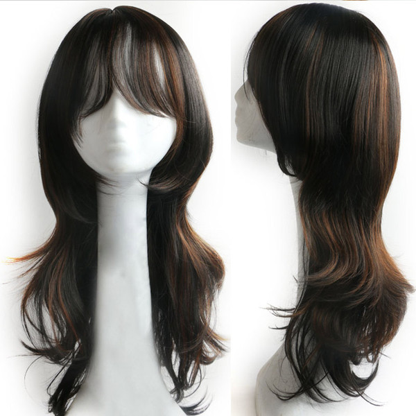 Synthetic Wig for Women Natural Cheap Hair Wig Long Synthetic Hair Wigs Black and Brown Wavy Wigs with Bangs for Party Cosplay Wear