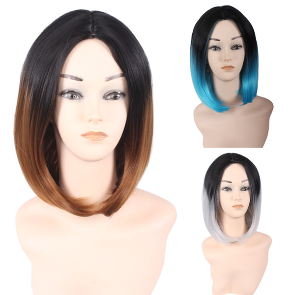 Multicolor Women Medium Straight Synthetic Wig Carve Black Brown Gray Gradient BOBO Heat Resistant Cosplay Wigs Ombre Color Fake Hair Caps