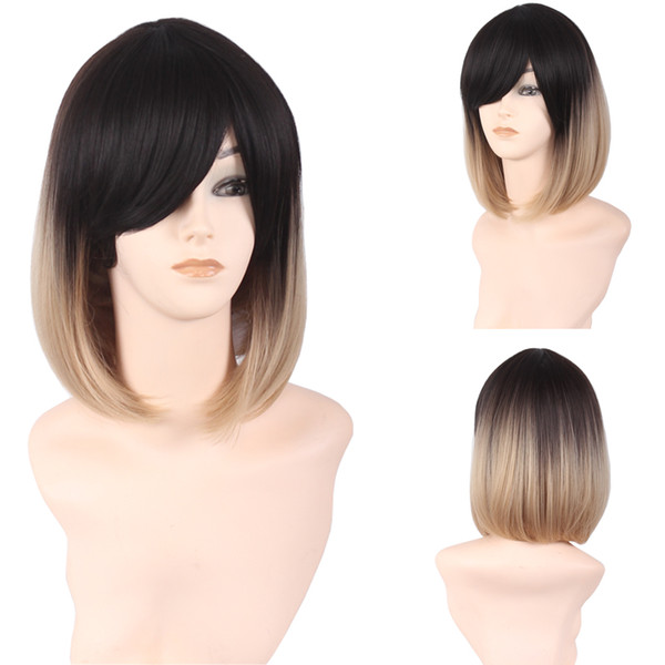 Women Medium Straight Synthetic Wig Hair Female Black Brown Gradient BOBO Heat Resistant Cosplay Wigs Ombre Color with Bang Hot Selling