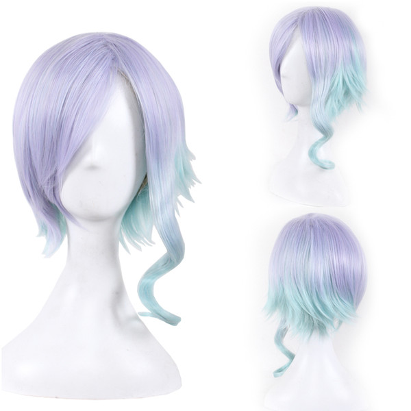 Colorful Women Short Synthetic Wigs Ladies Harajuku Gradient Heat Resistant Cosplay Wigs Ombre Color Lolita Wavy Hair Caps COS Headdress