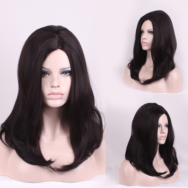 Fashion 45cm Long Natural Wave Synthetic Wig Women Dark Brown Carve Anime Cosplay Wigs Female High Temperature Wavy Black Hair Caps