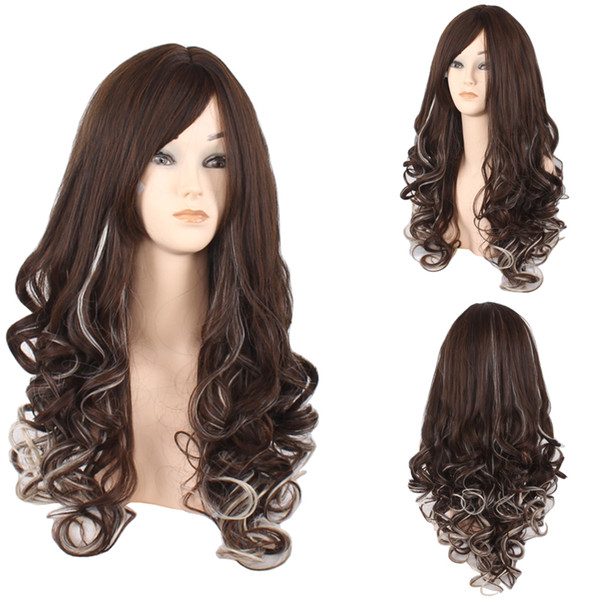 New Brand Women Brown Gray Color Gradient Long Wavy Synthetic Hair Wigs Fashion Ombre Wave Heat Resistant Hair Cosplay Wigs Europe American