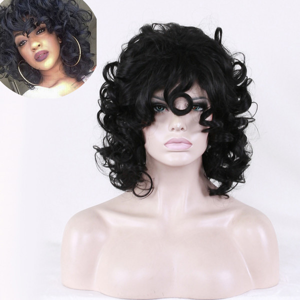 European and United States Ladies Medium Curly Wave Fluffy Hair Wigs Black Synthetic Hair Cosplay Wigs Rose Net Heat Resistant Wig Caps