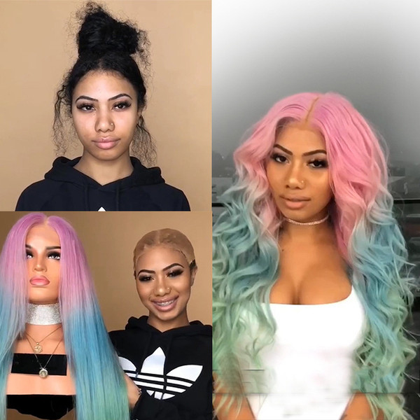 Ombre Synthetic Hair Wigs Pink Blue Heat Resistant Ombre Full Hair Wigs For Black women