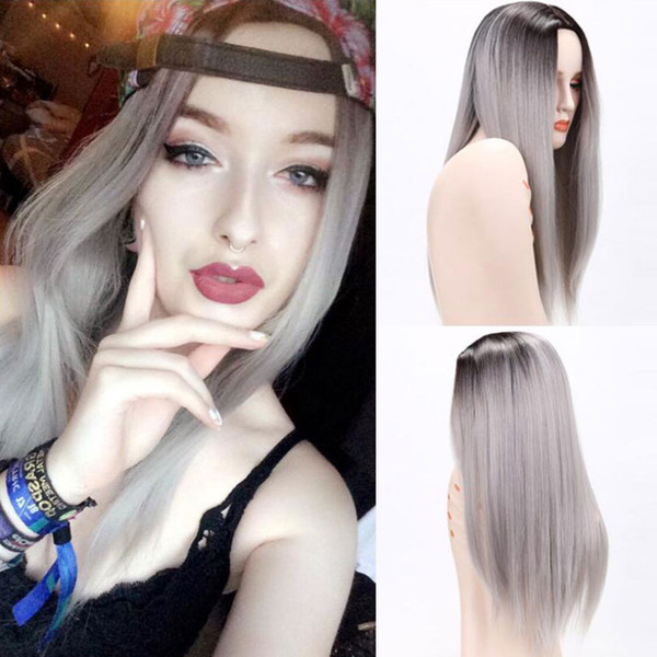 Grey Red Blonde Ombre Black Wig Synthetic Wigs for Black White Women Long Straight False Hair Hot sale Heat Resistant