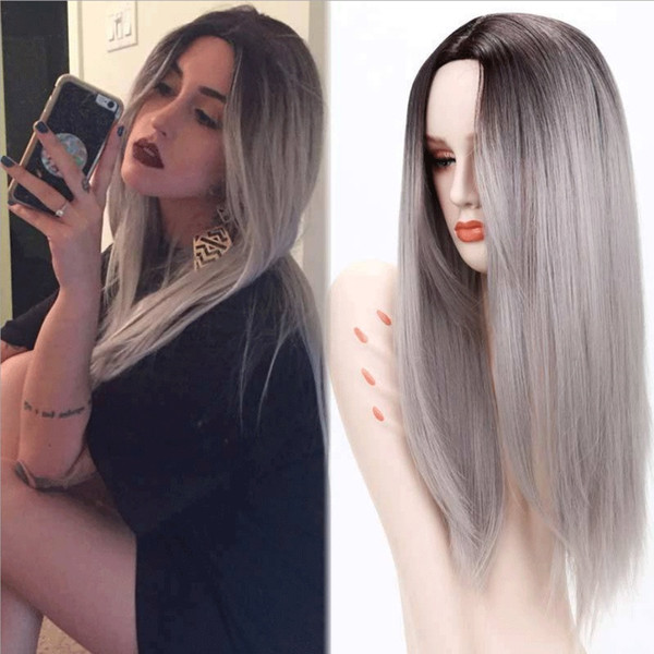 Long Ombre Grey Straight Synthetic Wigs 26 inches for Women Black Two Tone Heat Resistant Fiber Hair