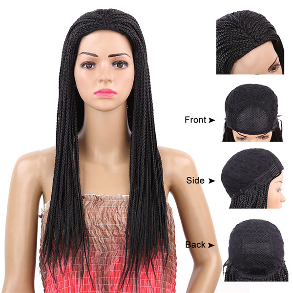 22inch Long Black Synthetic Hair Braided Lace Front Wig with Breathable Cap Heat Resistant Fiber Brazilian African American Women Wigs