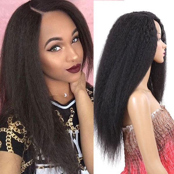 24inch Synthetic Lace Front Wig For Women Heat Resistant Natural Black Long Kinky Straight Hair Wig For Sale Rare Hair Natural