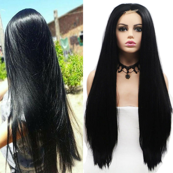 Middle Part 24 Inch Synthetic Black Lace Front Wig 1*4 Lace Long Straight Hair Cosplay Wigs For Women Ladies Daily Wear