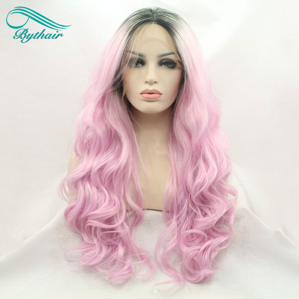 Bythairshop Ombre Pink Wig With Dark Roots Synthetic Lace Front Wigs Heat Resistant Fiber Body Wave Hair For Women