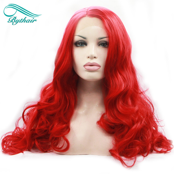 Bythairshop Long Body Wave Amaranth Red Synthetic Lace Front Wig Half Hand Tied Bouncy Rose Red Heat Resistant Fiber Hair For Women