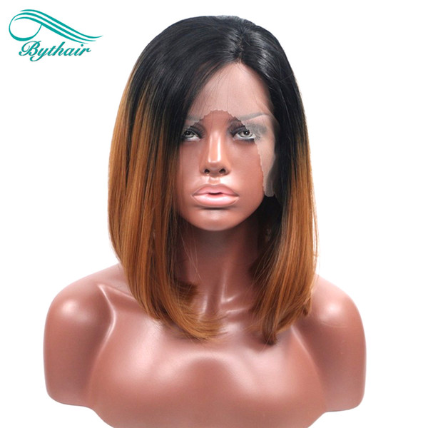 Bythair Natural Hairline Glueless Heat Resistant Fiber Hair Wigs for Women Ombre Brown Bob Wigs Synthetic Lace Front Wigs