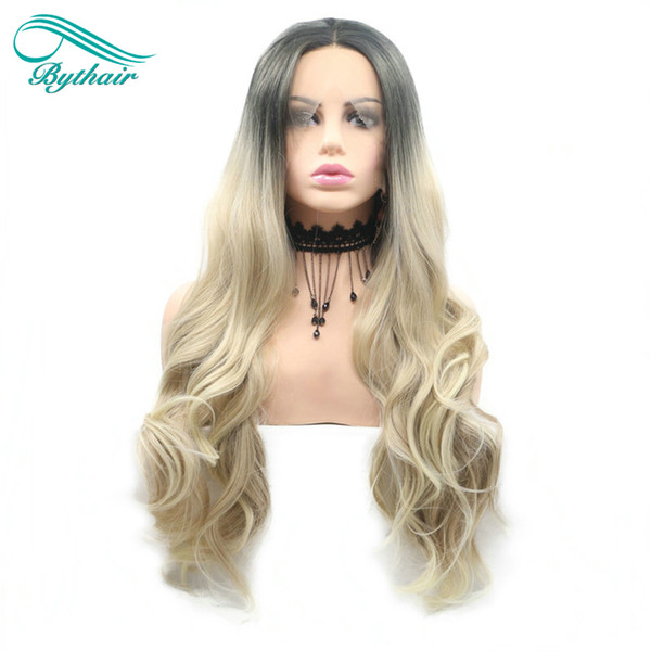 Bythair Ombre Blonde Wigs Brown Roots Long Wavy Wigs Synthetic Lace Front Wigs For Women High Density Heat Resistant Fiber Hair