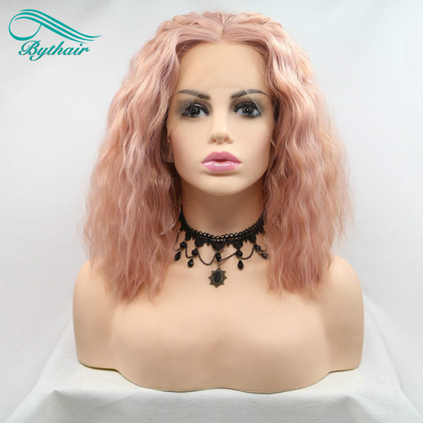 Bythair Rose Gold Pink Hair Deep Wave Wigs Pink Synthetic Lace Front Wigs Heat Resistant Fiber Short Bob Wigs For Girls Wig