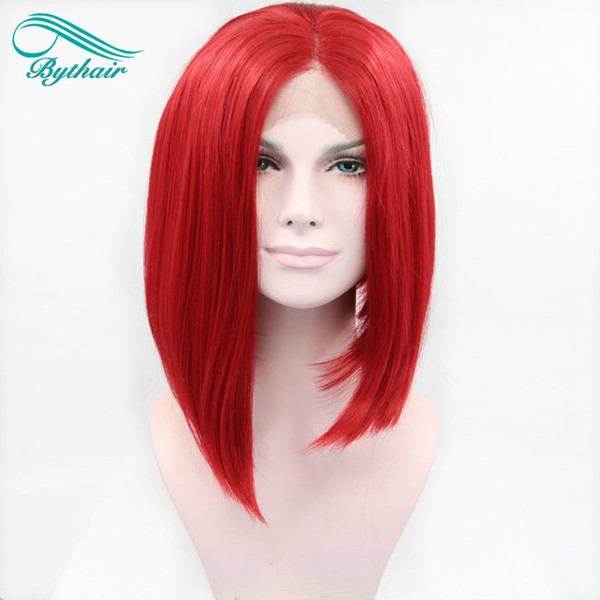 Bythair Short Bob Red Color Hair Wigs Glueless Hand Tied Synthetic Lace Front Wig Heat Resistant Fiber Hair For Women